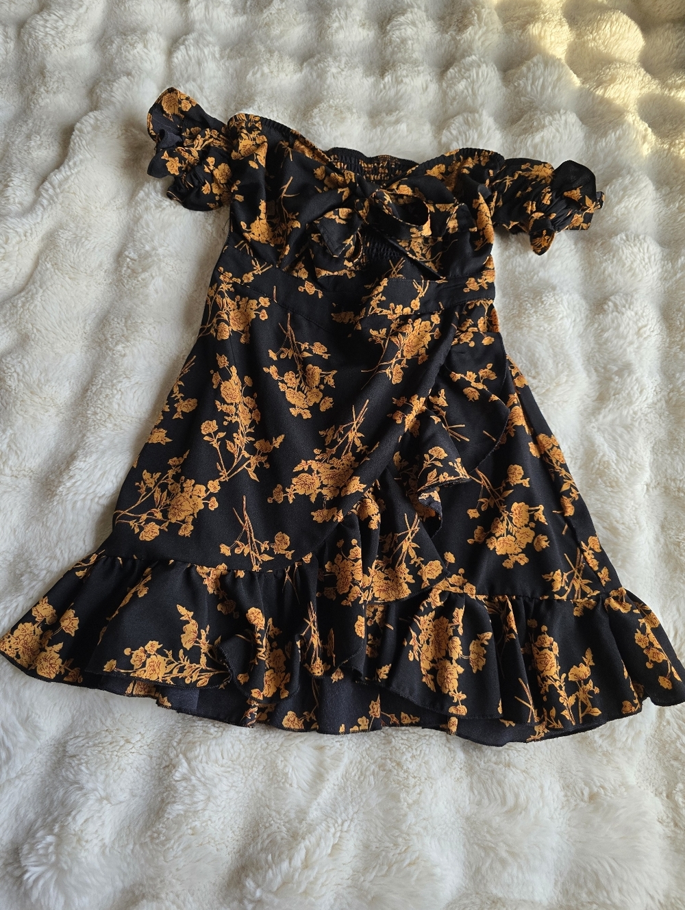 Off The Shoulder Black Mini Dress with Mustard Floral Print